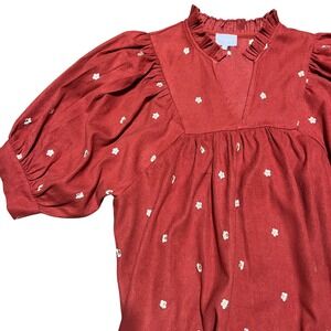 Charming Red Floral Puff‎ Sleeve Ruffle Neck Top Blouse